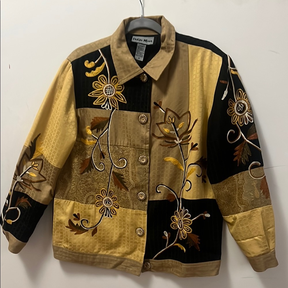 INDIGO MOON PATCHWORK‎ ART TO WEAR LAGENLOOK EMBROIDERED PATTERN JACKET SZ S